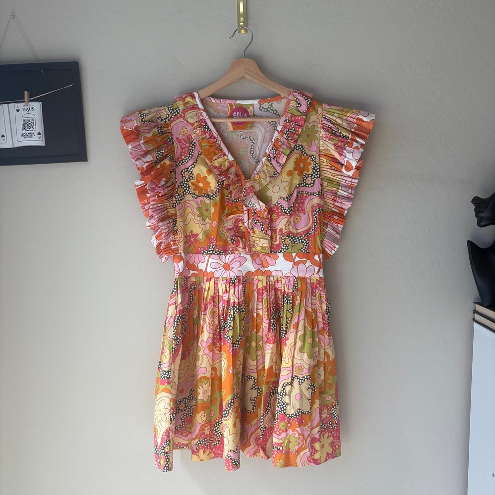 Celia B Dress Floral Ruffle Mini Dress Orange Pink Psychedelic Print‎ Size M